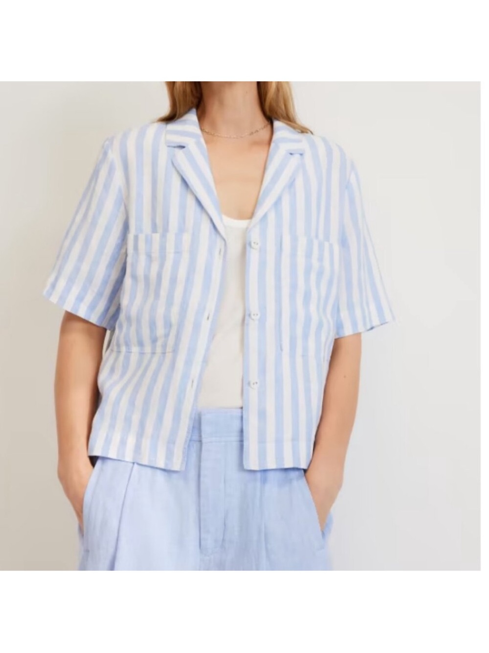 Everlane Light Blue and White Striped Short Sleeve Button-Down Shirt
